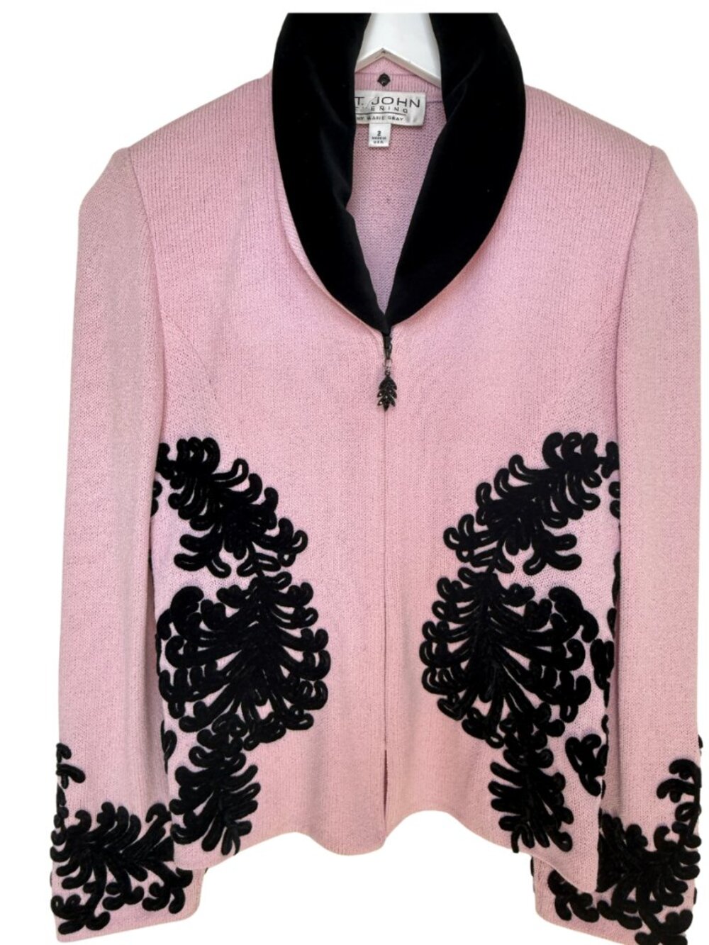 Vintage St. John Evening Pink Knit Jacket Black Velvet Appliqué Size 4